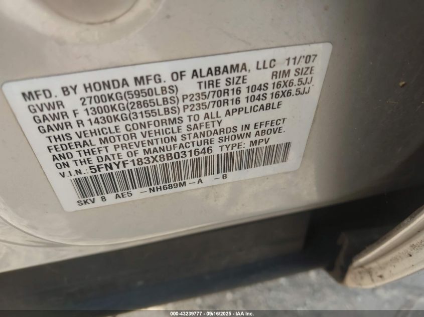 2008 Honda Pilot Se VIN: 5FNYF183X8B031646 Lot: 43239777