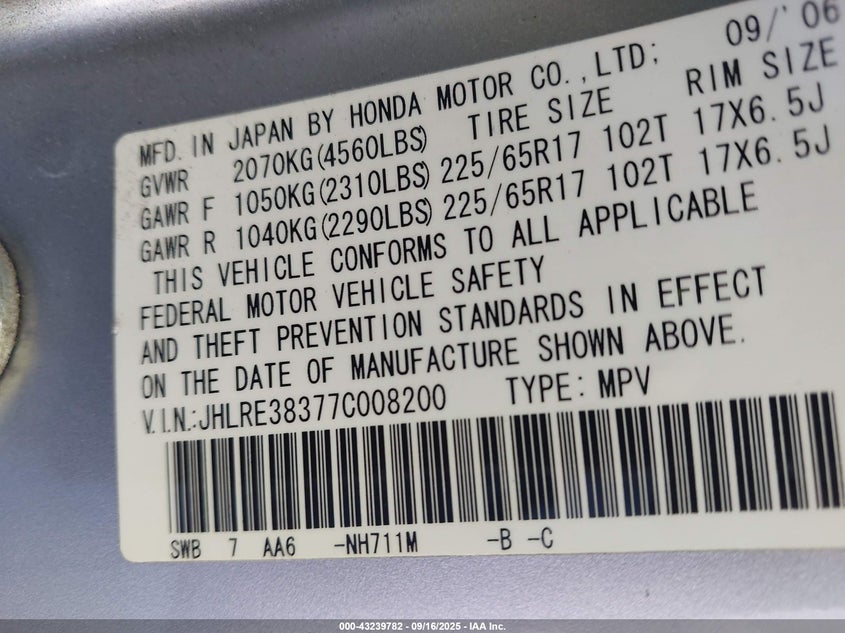 2007 Honda Cr-V Lx VIN: JHLRE38377C008200 Lot: 43239782