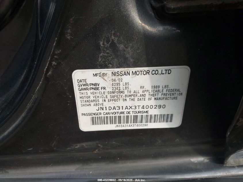 2003 Nissan Maxima Gle VIN: JN1DA31AX3T400290 Lot: 43239802