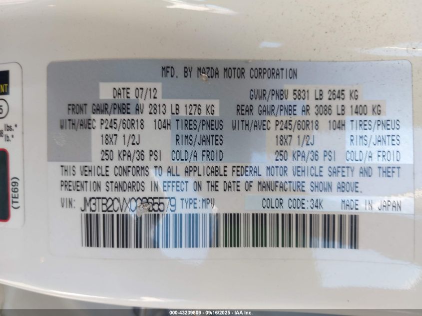 2012 Mazda Cx-9 Touring VIN: JM3TB2CVXC0365579 Lot: 43239809