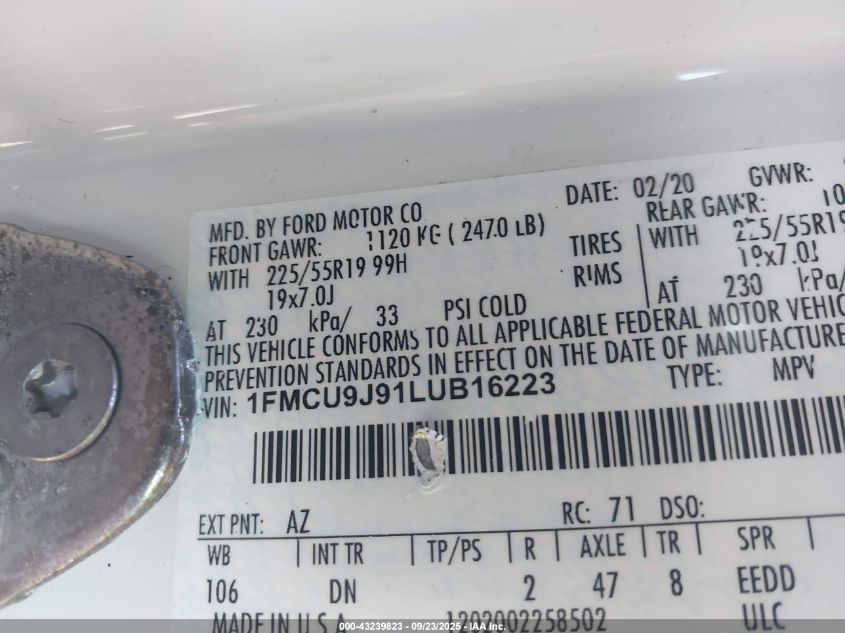 2020 Ford Escape Titanium VIN: 1FMCU9J91LUB16223 Lot: 43239823