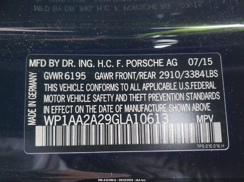 2016 Porsche Cayenne VIN: WP1AA2A29GLA10613 Lot: 43239832