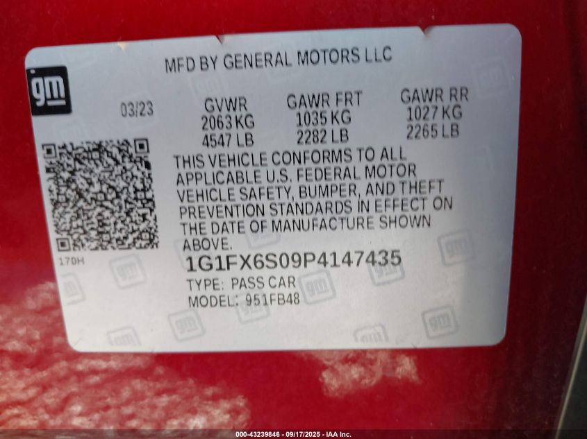 2023 Chevrolet Bolt Ev Fwd 2Lt VIN: 1G1FX6S09P4147435 Lot: 43239846