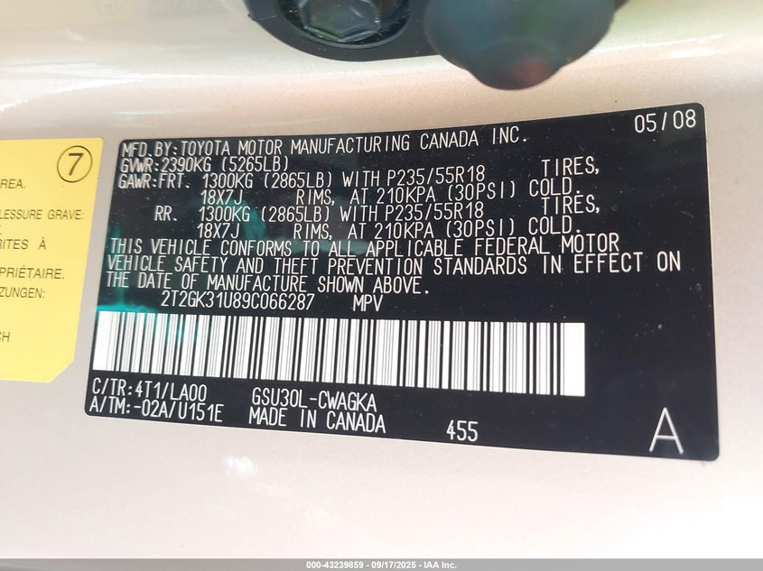 2009 Lexus Rx 350 VIN: 2T2GK31U89C066287 Lot: 43239859