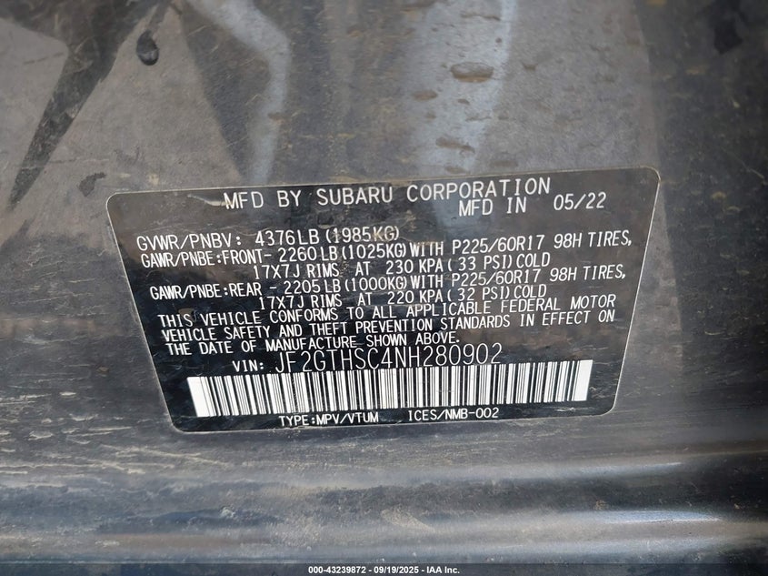 2022 SUBARU CROSSTREK SPORT - JF2GTHSC4NH280902