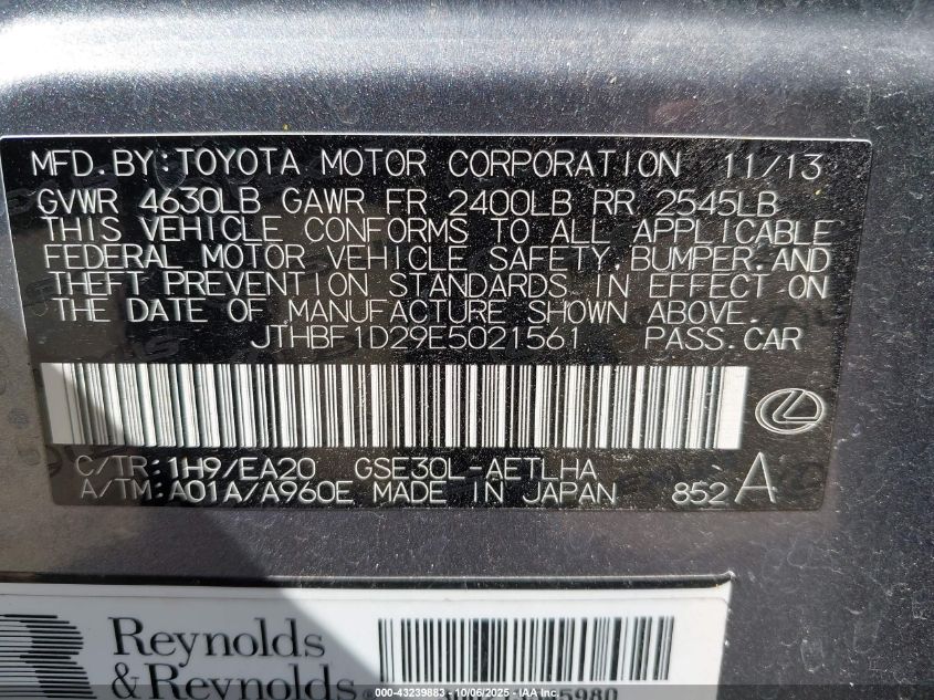 2014 Lexus Is 250 VIN: JTHBF1D29E5021561 Lot: 43239883