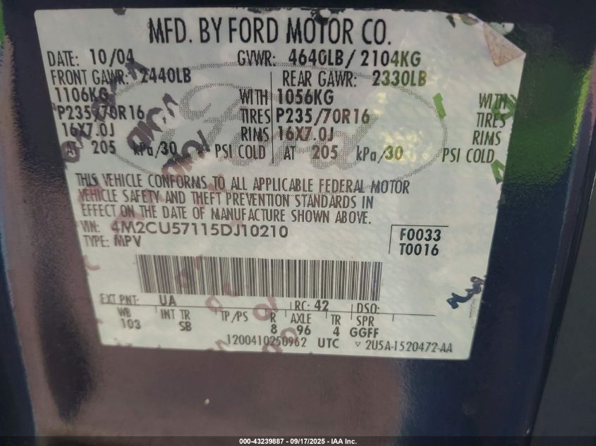 2005 Mercury Mariner Luxury/Premier VIN: 4M2CU57115DJ10210 Lot: 43239887