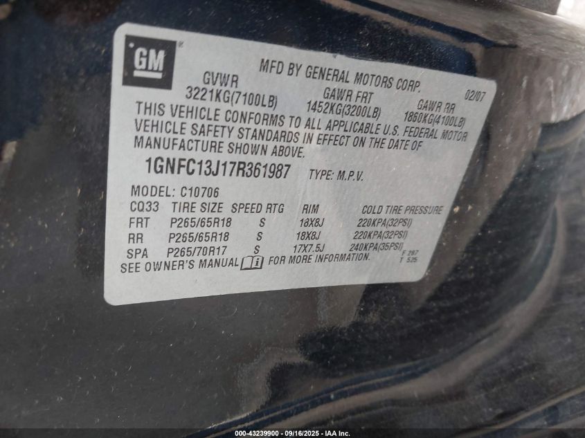 2007 Chevrolet Tahoe Lt VIN: 1GNFC13J17R361987 Lot: 43239900