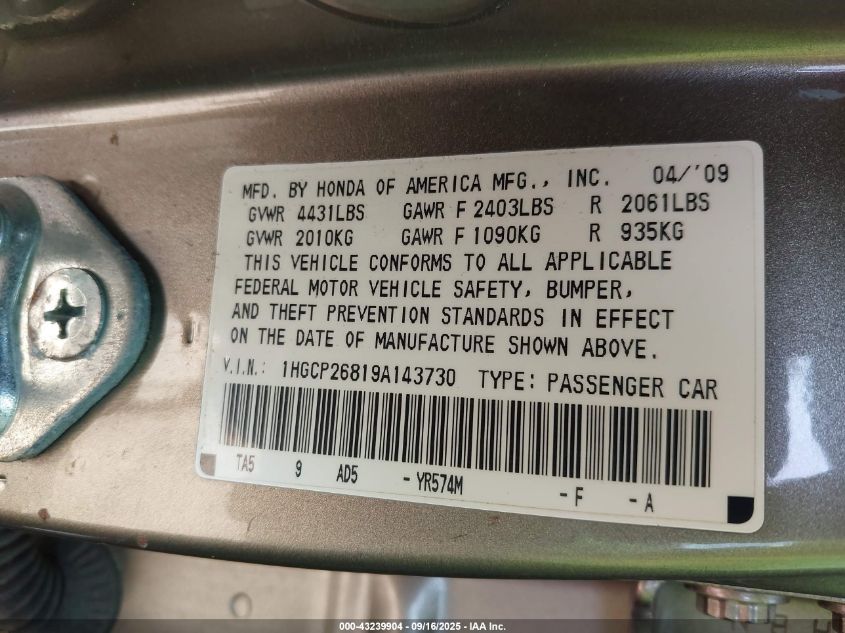 2009 Honda Accord 2.4 Ex-L VIN: 1HGCP26819A143730 Lot: 43239904
