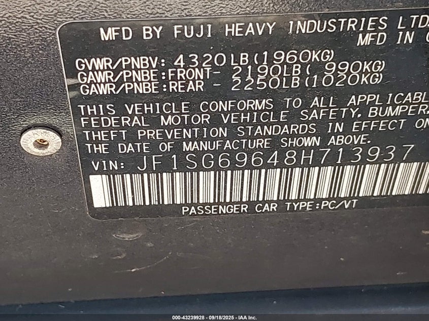 2008 Subaru Forester 2.5Xt Limited VIN: JF1SG69648H713937 Lot: 43239928