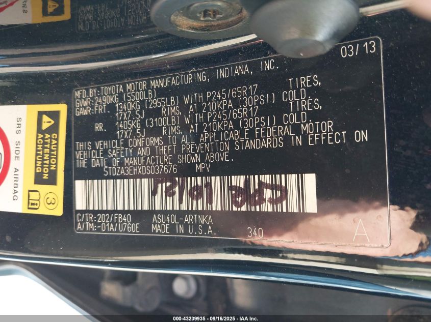 2013 Toyota Highlander VIN: 5TDZA3EHXDS037676 Lot: 43239935