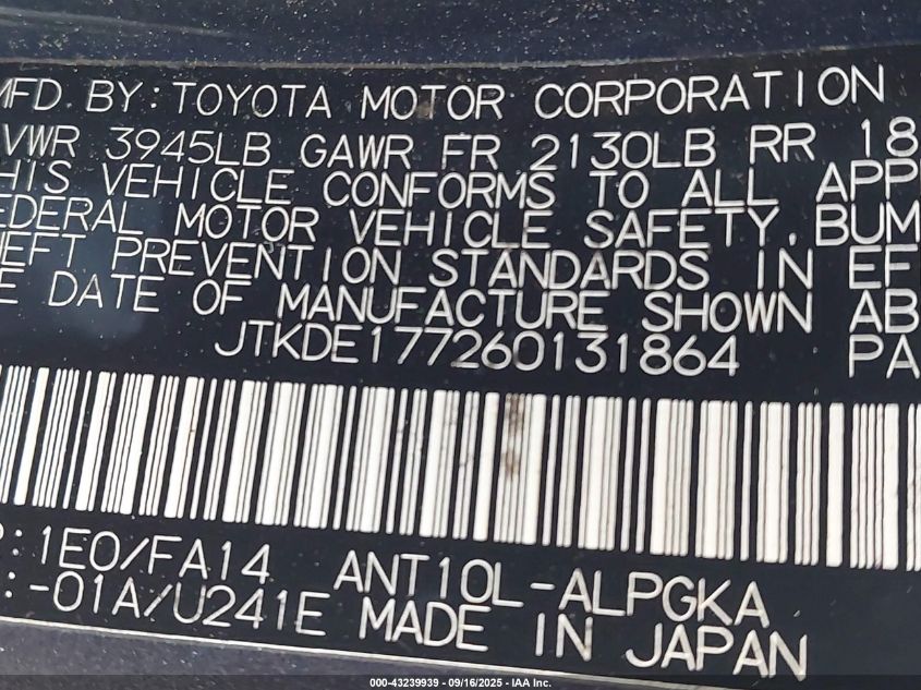 2006 Scion Tc VIN: JTKDE177260131864 Lot: 43239939