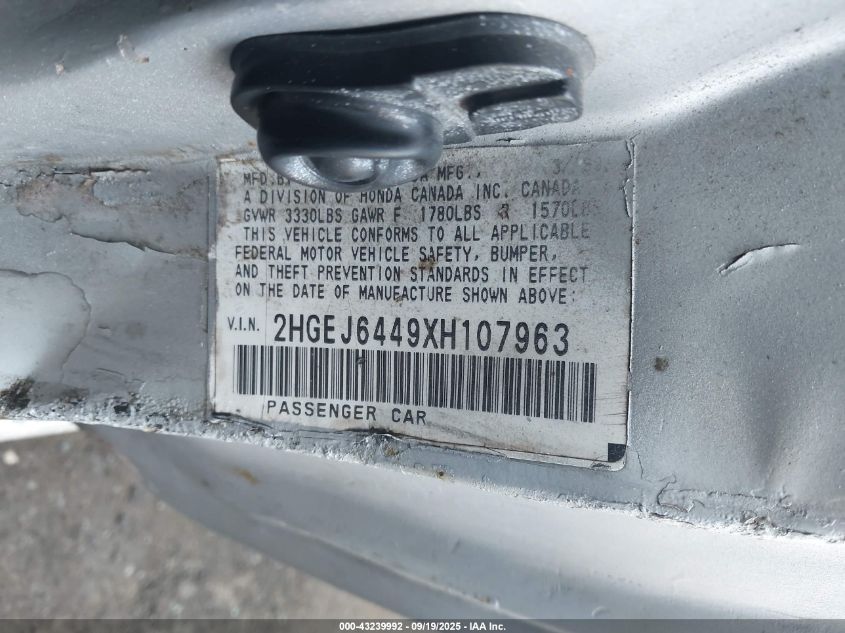 1999 Honda Civic Dx VIN: 2HGEJ6449XH107963 Lot: 43239992