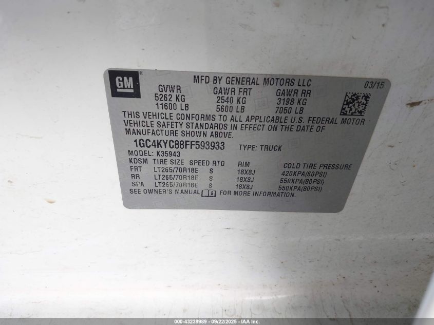 2015 Chevrolet Silverado 3500Hd Wt VIN: 1GC4KYC88FF593933 Lot: 43239989