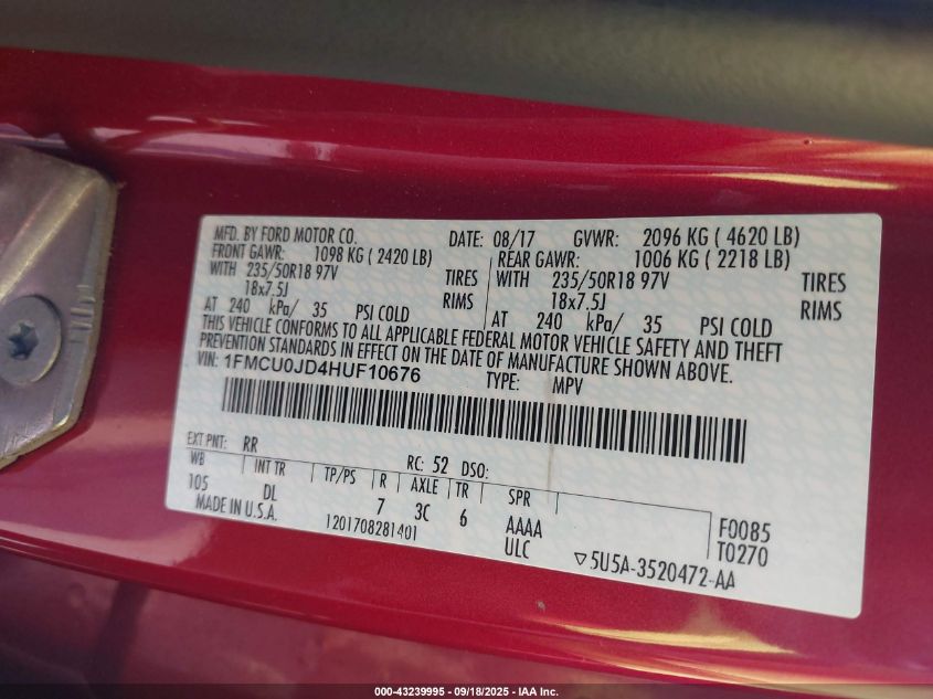 2017 Ford Escape Titanium VIN: 1FMCU0JD4HUF10676 Lot: 43239995