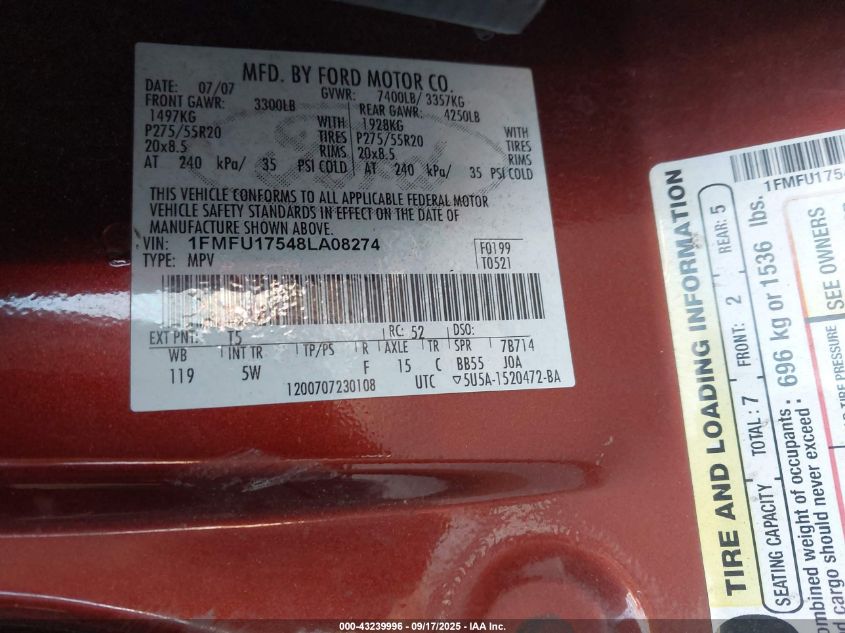 2008 Ford Expedition Eddie Bauer/King Ranch VIN: 1FMFU17548LA08274 Lot: 43239996