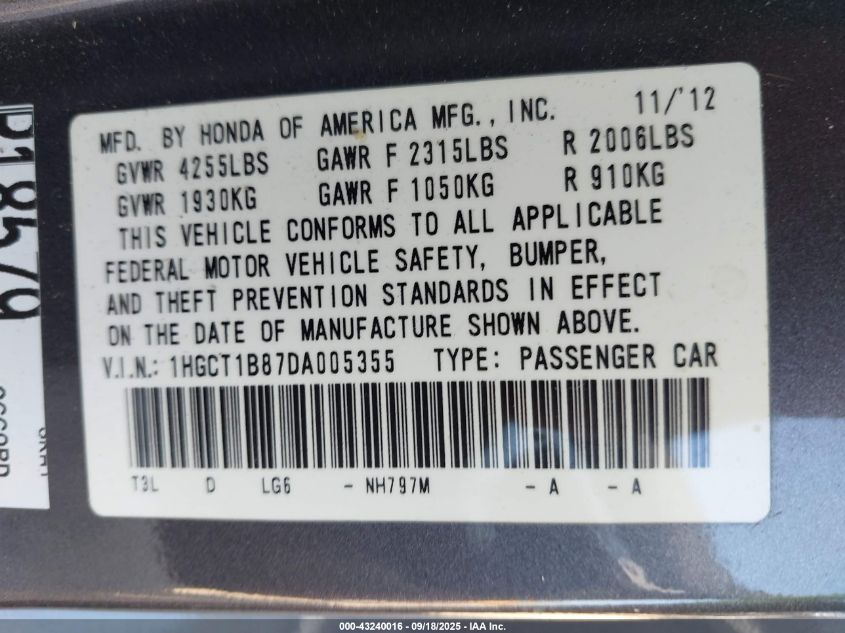 2013 Honda Accord Ex-L VIN: 1HGCT1B87DA005355 Lot: 43240016