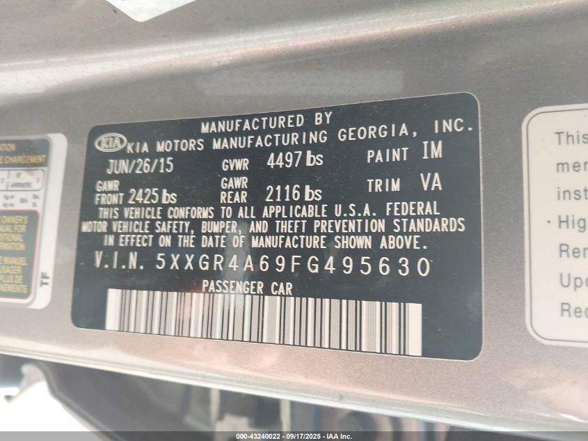 2015 Kia Optima Sx Turbo VIN: 5XXGR4A69FG495630 Lot: 43240022