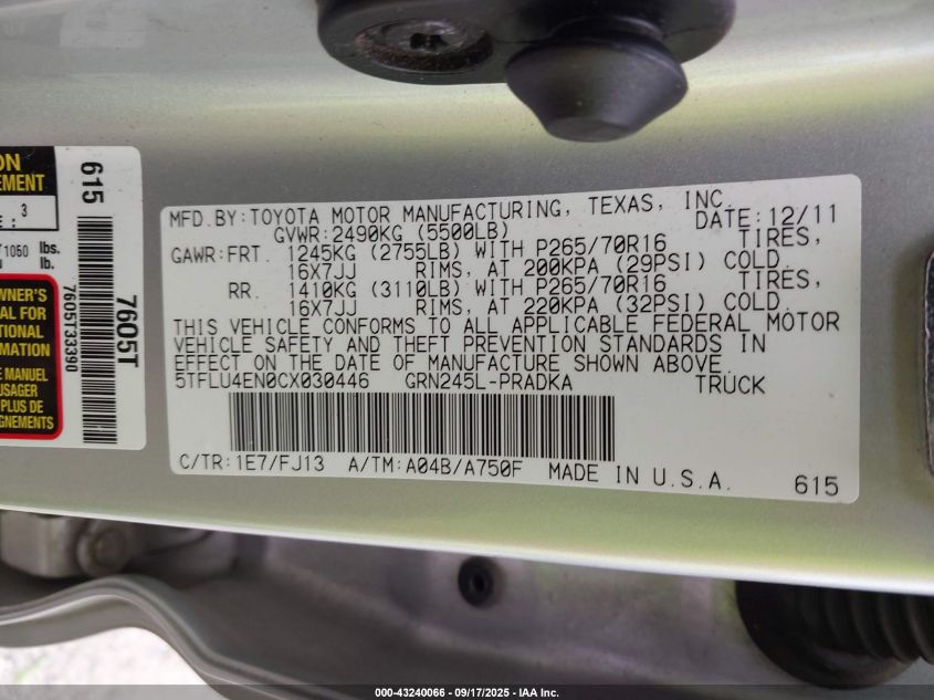 2012 Toyota Tacoma Base V6 VIN: 5TFLU4EN0CX030446 Lot: 43240066