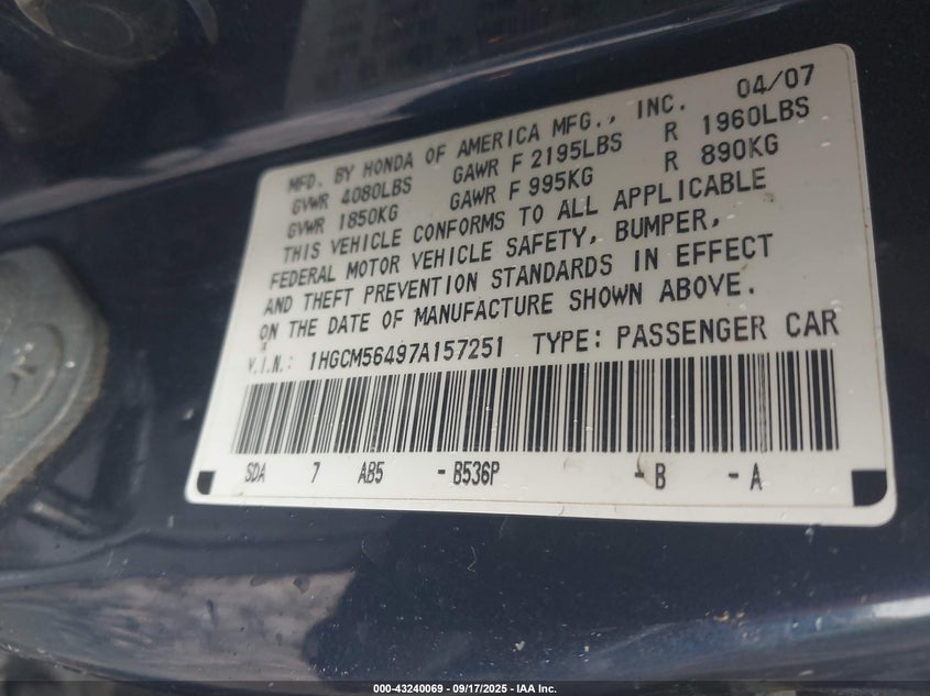 1HGCM56497A157251 2007 HONDA ACCORD photo no. 9