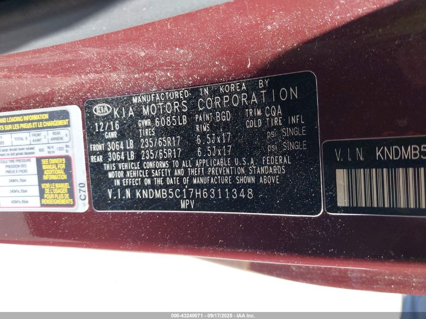 2017 Kia Sedona Lx VIN: KNDMB5C17H6311348 Lot: 43240071