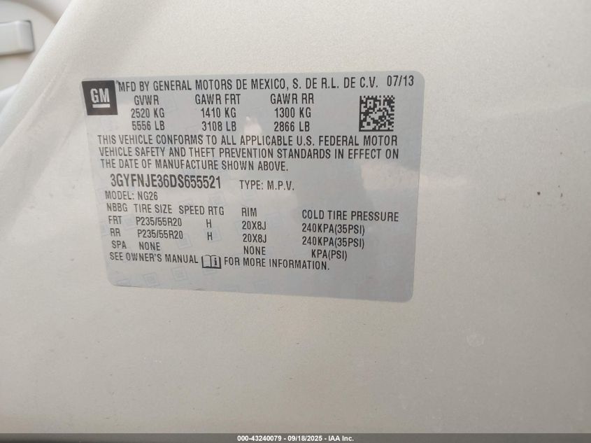 2013 Cadillac Srx Premium Collection VIN: 3GYFNJE36DS655521 Lot: 43240079