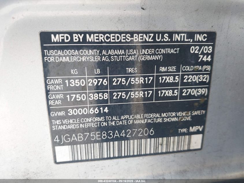 2003 Mercedes-Benz Ml 500 500 VIN: 4JGAB75E83A427206 Lot: 43240104