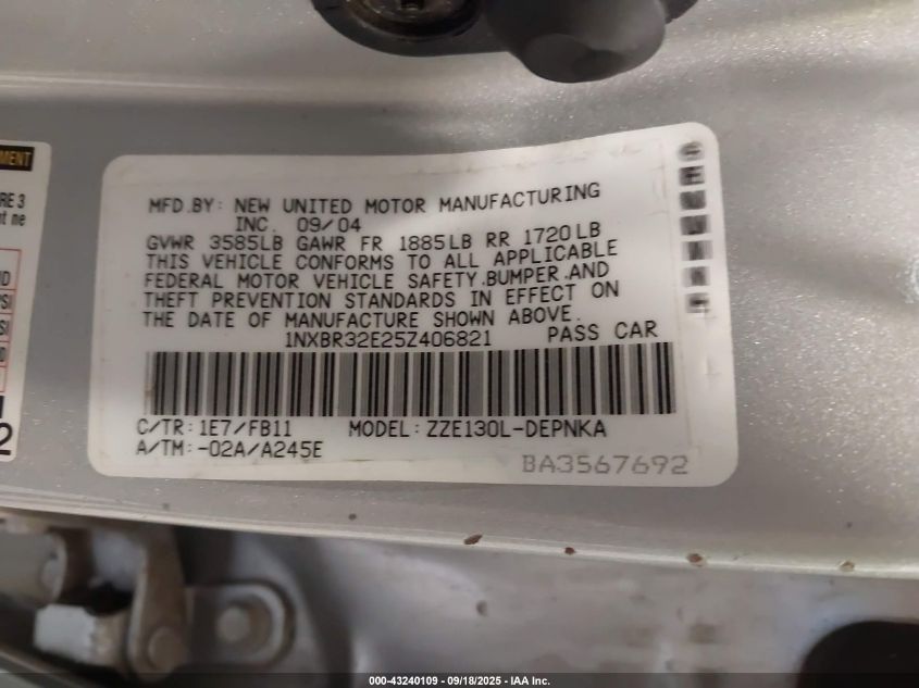 2005 Toyota Corolla Le VIN: 1NXBR32E25Z406821 Lot: 43240109