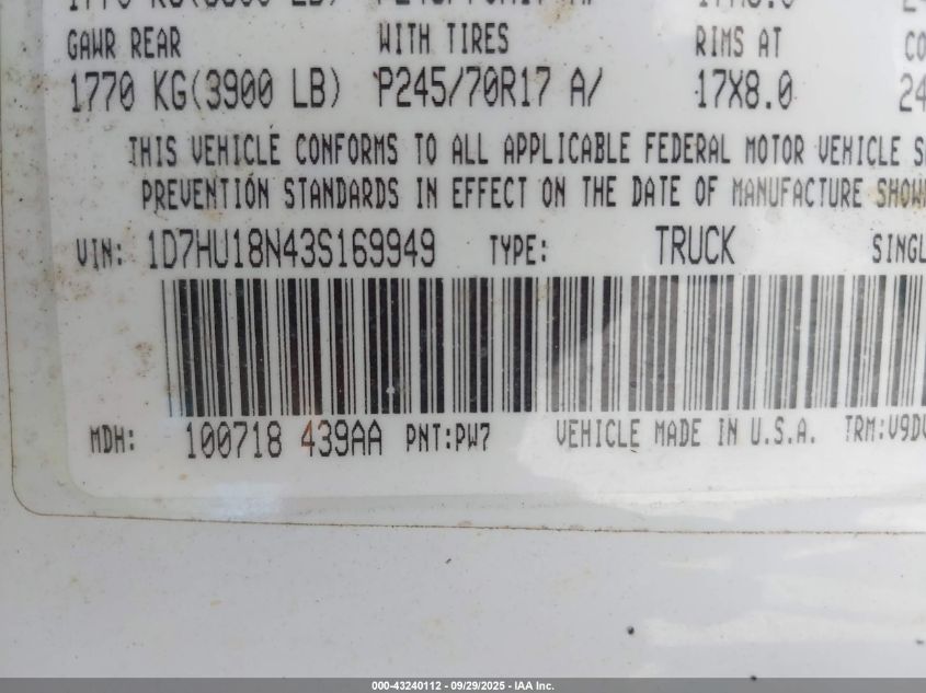 2003 Dodge Ram 1500 Slt/Laramie/St VIN: 1D7HU18N43S169949 Lot: 43240112