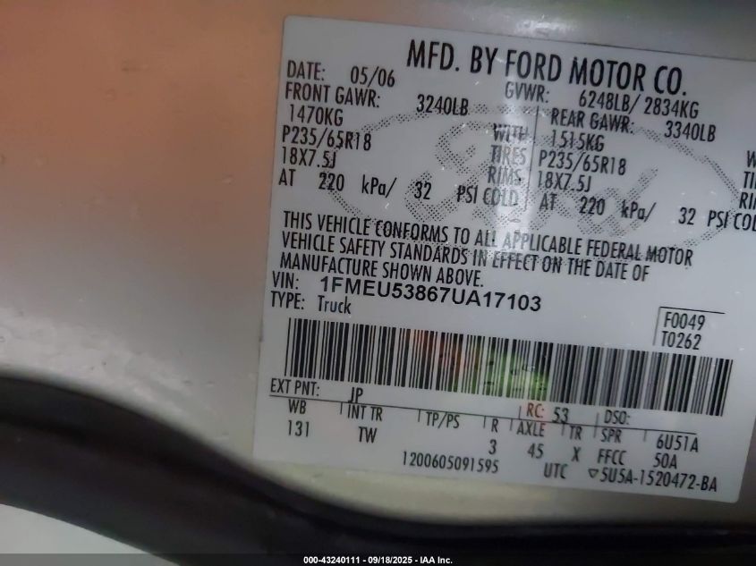 2007 Ford Explorer Sport Trac Limited VIN: 1FMEU53867UA17103 Lot: 43240111