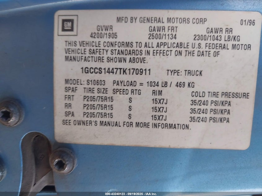 1GCCS1447TK170911 1996 CHEVROLET S-10 PICKUP photo no. 9