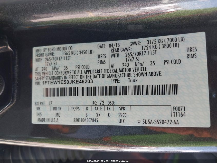 2018 Ford F-150 Xlt VIN: 1FTEW1E50JKE46203 Lot: 43240127