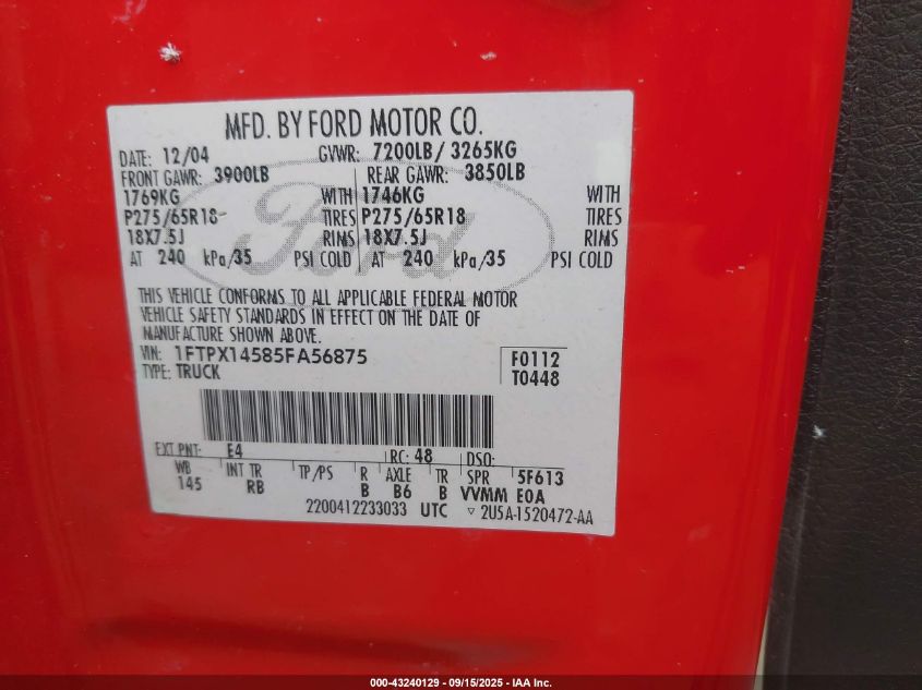 2005 Ford F-150 Fx4/Lariat/Xl/Xlt VIN: 1FTPX14585FA56875 Lot: 43240129