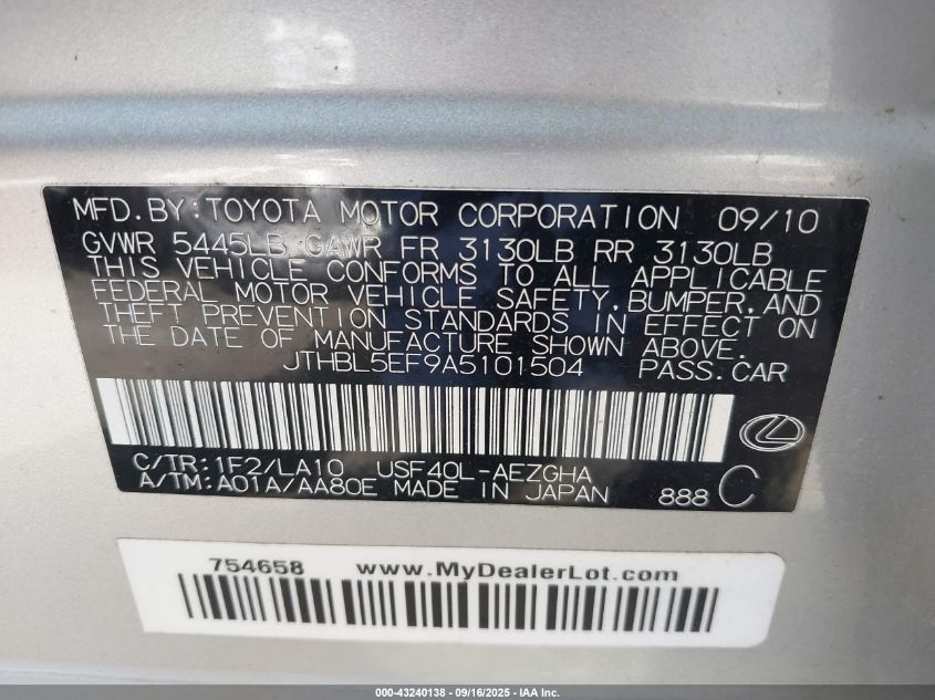 2010 Lexus Ls 460 VIN: JTHBL5EF9A5101504 Lot: 43240138