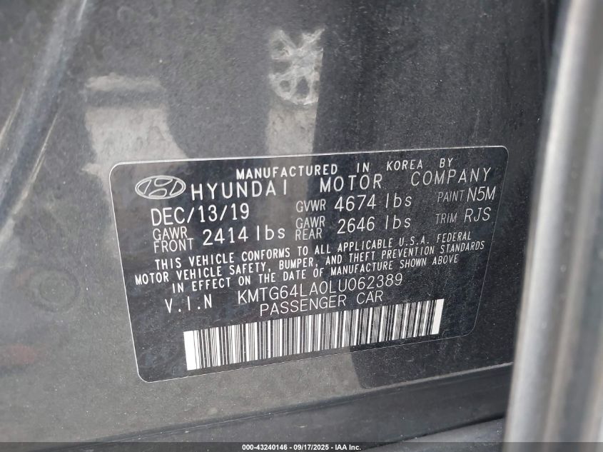 2020 Genesis G70 2.0T Rwd VIN: KMTG64LA0LU062389 Lot: 43240146