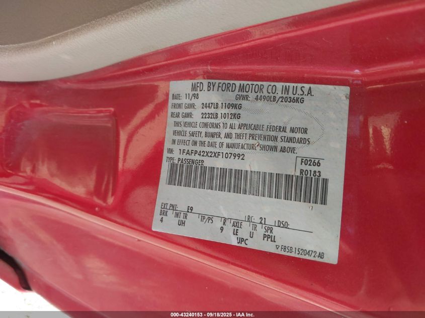 1999 Ford Mustang Gt VIN: 1FAFP42X2XF107992 Lot: 43240153