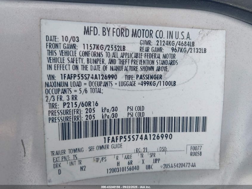 2004 Ford Taurus Ses VIN: 1FAFP55S74A126990 Lot: 43240156