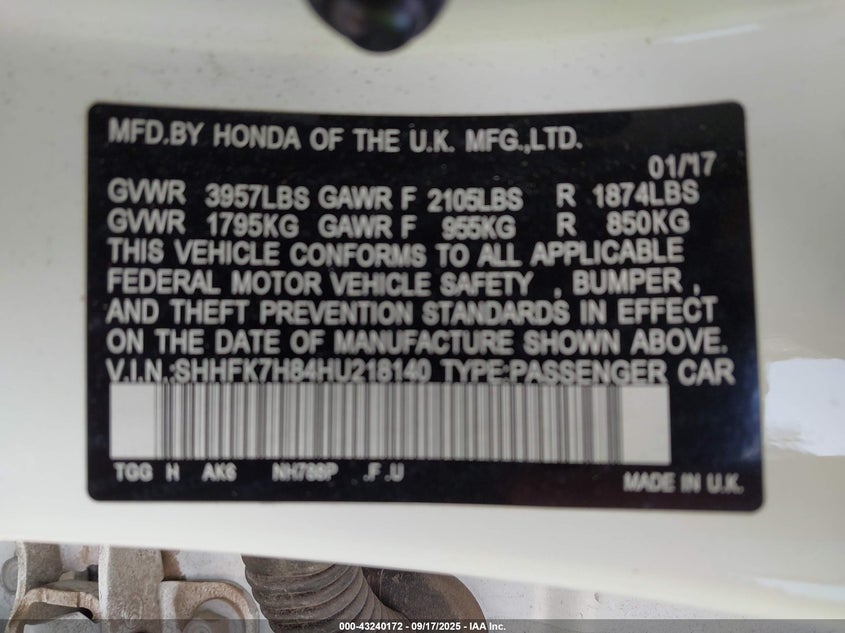 2017 HONDA CIVIC EX-L - SHHFK7H84HU218140