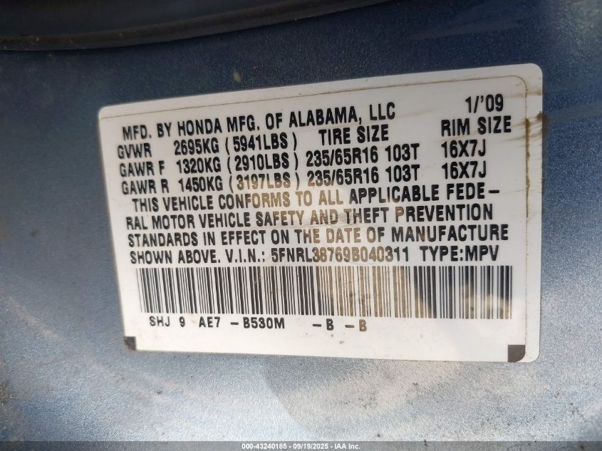 2009 Honda Odyssey Ex-L VIN: 5FNRL38769B040311 Lot: 43240185