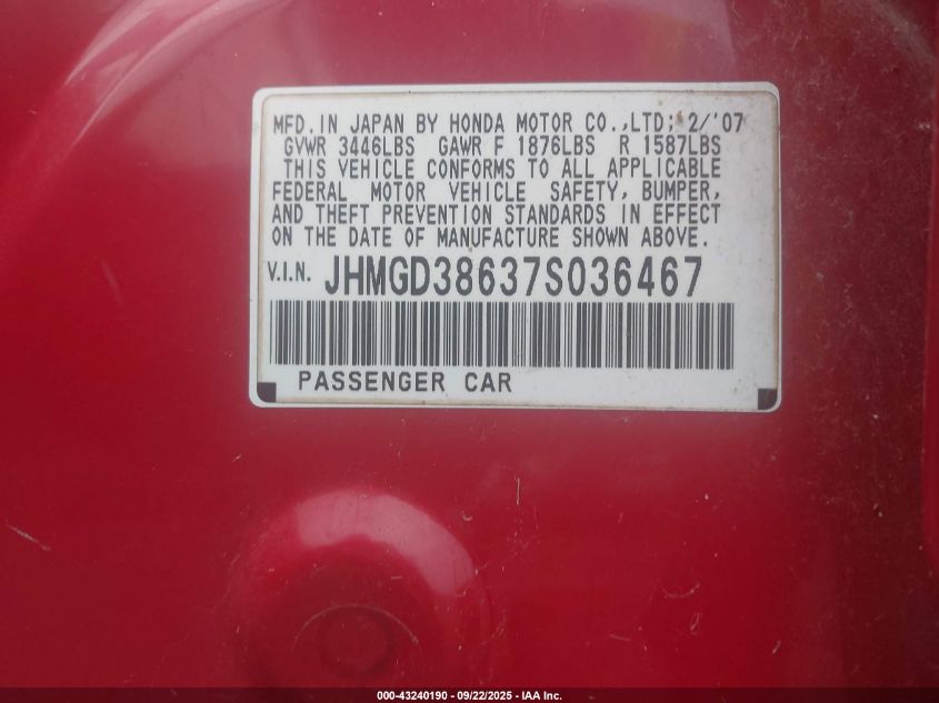 2007 Honda Fit Sport VIN: JHMGD38637S036467 Lot: 43240190