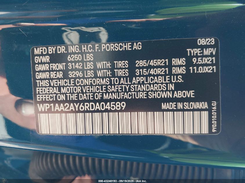 2024 Porsche Cayenne VIN: WP1AA2AY6RDA04589 Lot: 43240193