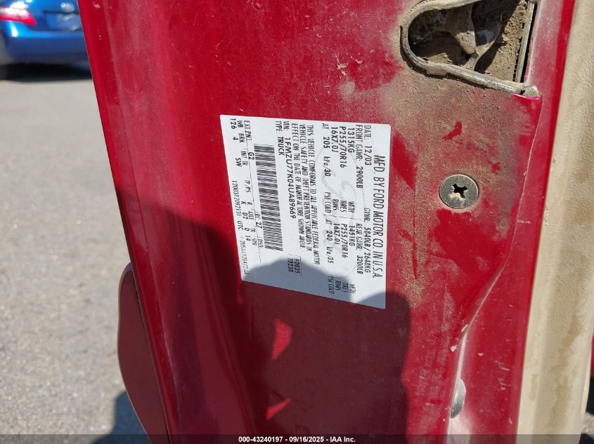 2004 Ford Explorer Sport Trac Adrenalin/Xls/Xlt VIN: 1FMZU77K04UA89669 Lot: 43240197