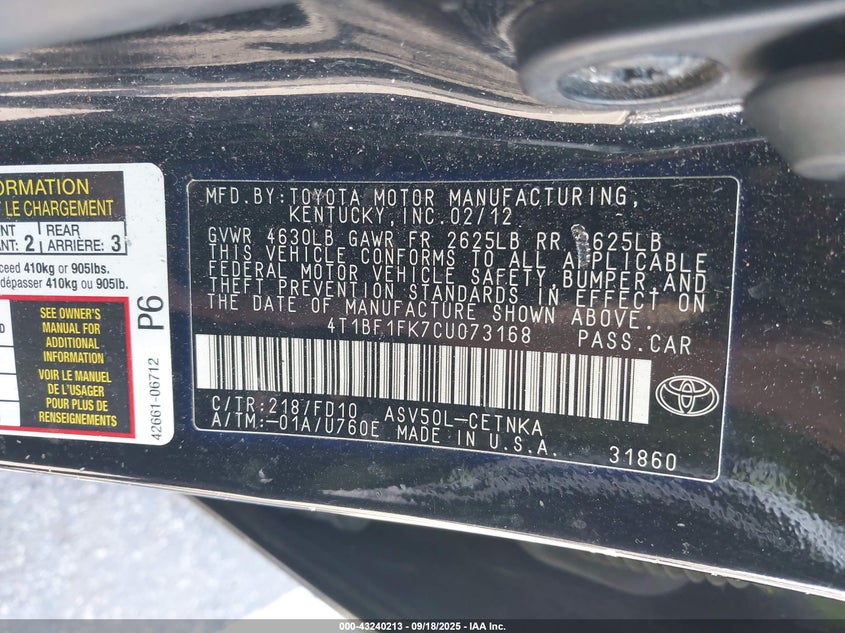 2012 Toyota Camry Le VIN: 4T1BF1FK7CU073168 Lot: 43240213