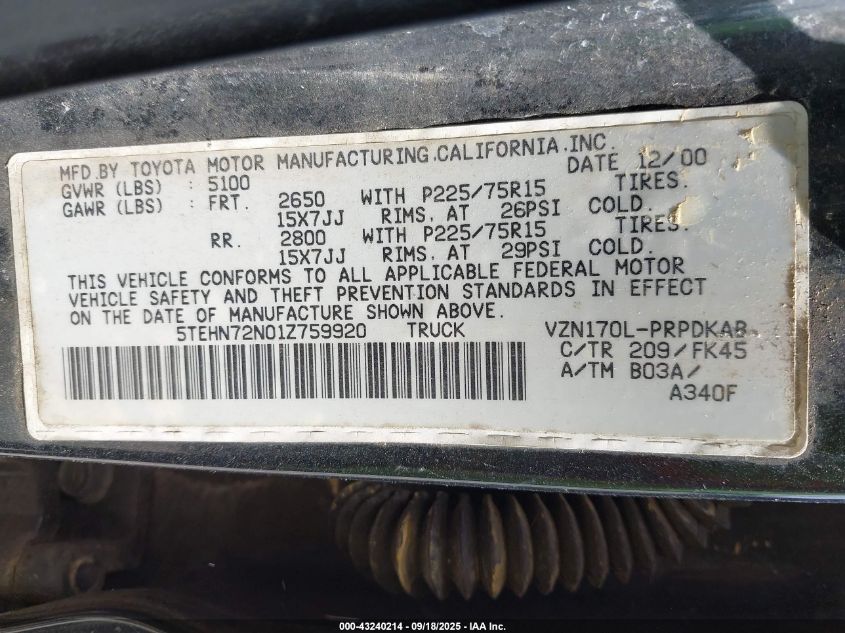 2001 Toyota Tacoma Base V6 VIN: 5TEHN72N01Z759920 Lot: 43240214