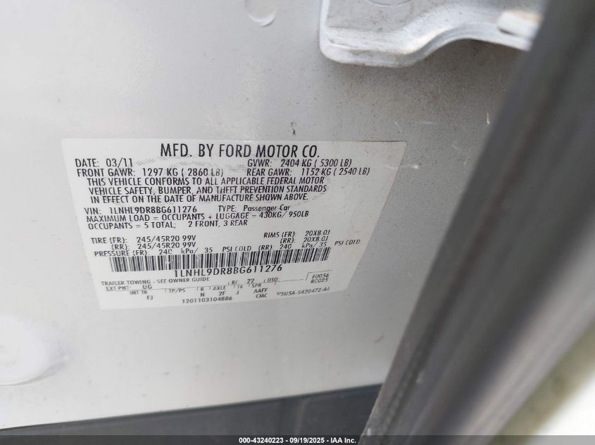 2011 Lincoln Mks VIN: 1LNHL9DR8BG611276 Lot: 43240223