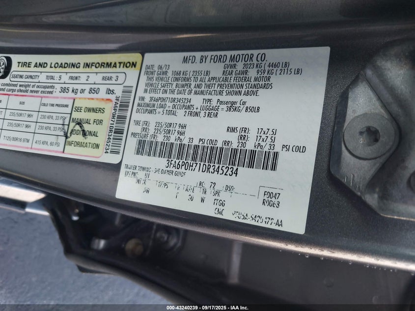 2013 Ford Fusion Se VIN: 3FA6P0H71DR345234 Lot: 43240239