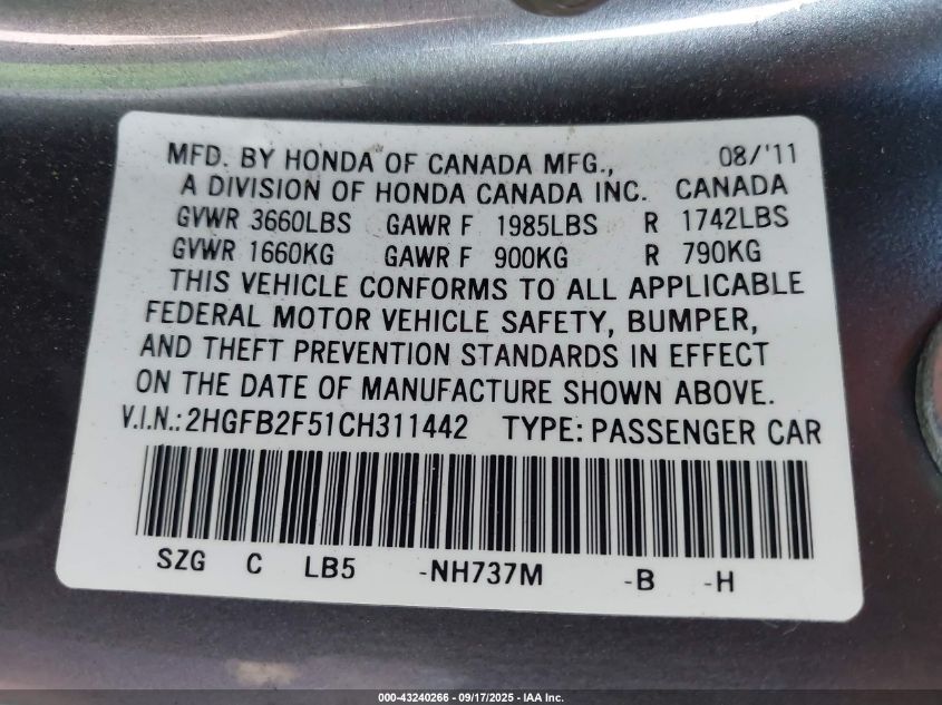 2012 Honda Civic Lx VIN: 2HGFB2F51CH311442 Lot: 43240266