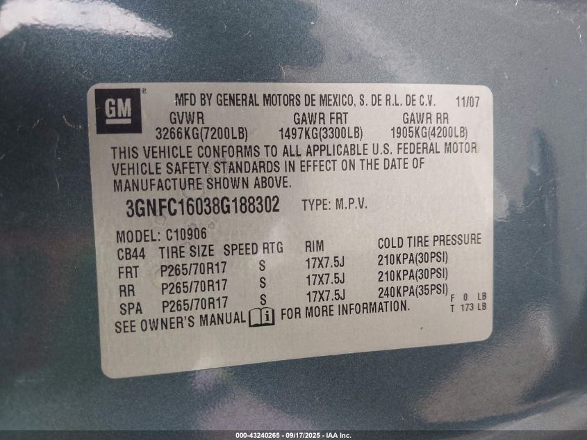 2008 Chevrolet Suburban 1500 Ls VIN: 3GNFC16038G188302 Lot: 43240265
