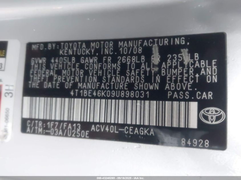 2009 Toyota Camry Xle VIN: 4T1BE46K09U898031 Lot: 43240269