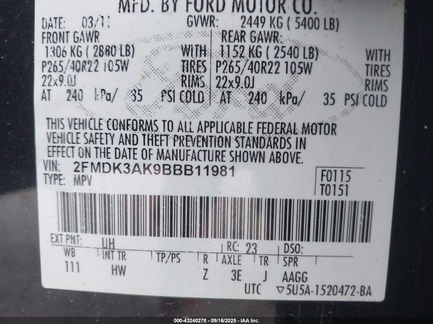 2011 Ford Edge Sport VIN: 2FMDK3AK9BBB11981 Lot: 43240278